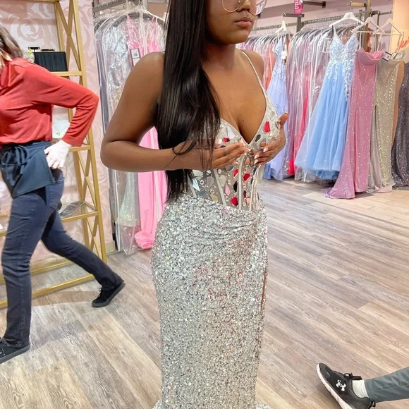 strapless open back dress A-Line Halter Lace Top Satin Two Piece Long Prom Dresses APD2102 main image 0